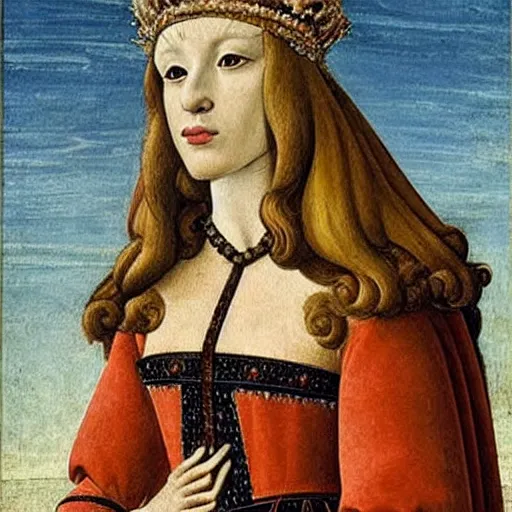 Image similar to portrait of a white labrododdle dog as an italian queen, painting by botticelli, 1 4 8 0 s