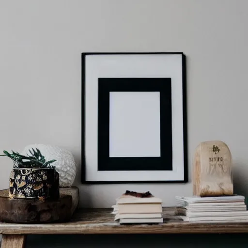 Prompt: a minimalist mockup photo with large blank frame, in a white boho style studio, trending on etsy