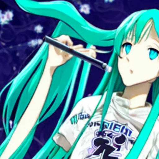 Image similar to hatsune miku high on weed with bloodshot eyes smoking with a vape pen.