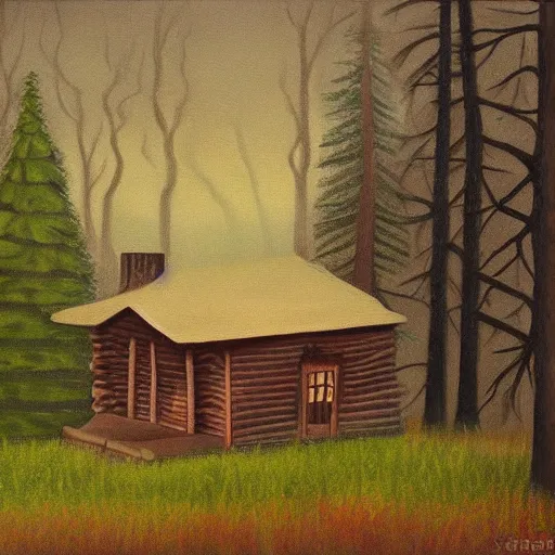 Prompt: a painting of a eerie cabin in the middle of the woods in the style of grant wood