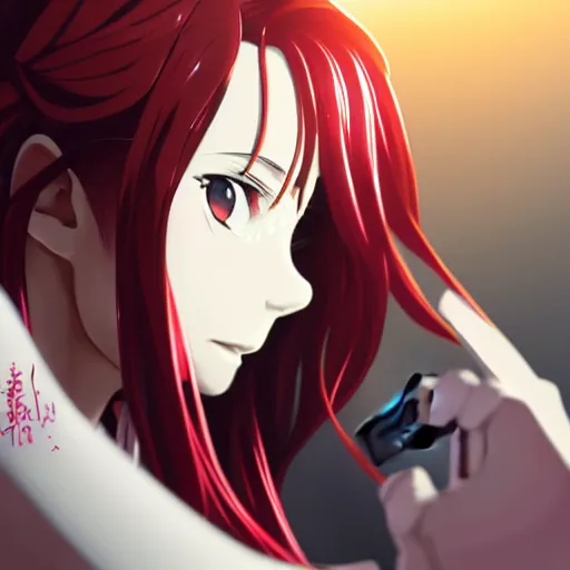 Prompt: 3 / 4 view of a portrait of a badass woman taking a selfie in a mirror, sky backgorund, genshin impact, intricate, elegant, sharp focus, illustration, highly detailed, concept art, matte, trending on artstation, anime, strong strokes, cell shading, photo of asuna from sao h 6 4 0