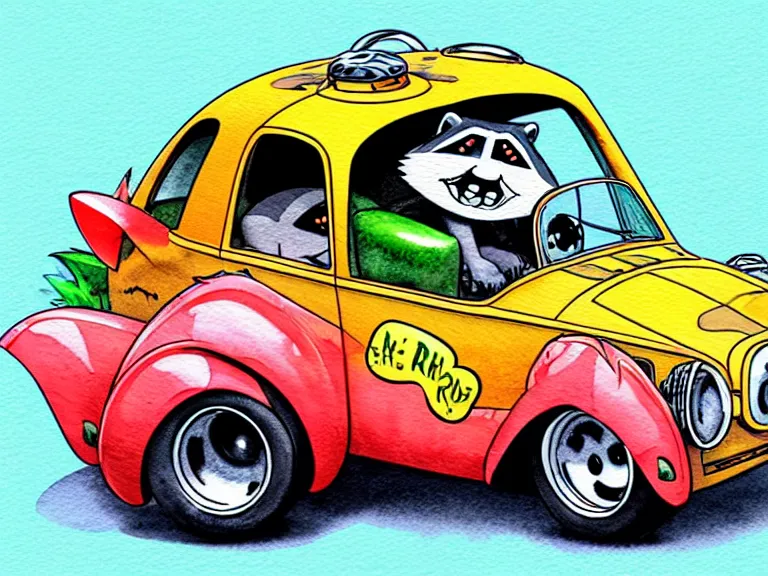 Image similar to cute and funny, racoon riding in a tiny hot rod coupe with oversized engine, ratfink style by ed roth, centered award winning watercolor pen illustration, isometric illustration by chihiro iwasaki, edited by range murata