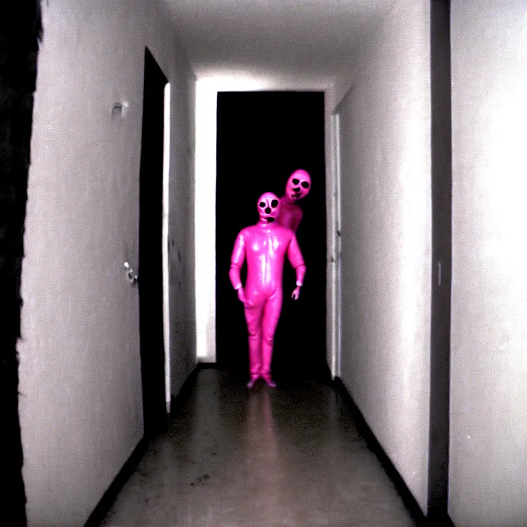 Image similar to a nightmare where a man in a pink morphsuit chases you down a black & white dark hallway, horror, creepy, 3 5 mm, film shot, found footage, scary