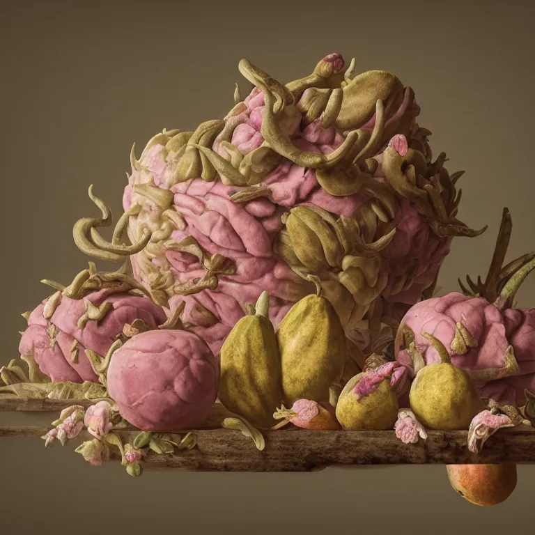 Image similar to still life of rotten flesh, beautiful pastel flowers, human spine, tropical fruit baroque painting, beautiful detailed intricate insanely detailed octane render, 8K artistic photography, photorealistic