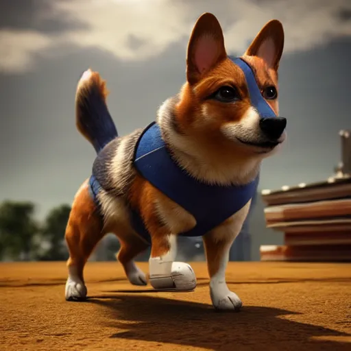 Image similar to superhero corgi, 3D cgi rendering unreal engine concept art character design, professional photography cinematic