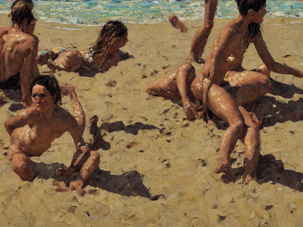 Prompt: on the beach, close up, heatwave, denis sarazhin, oil on canvas