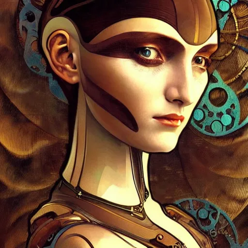 Image similar to close - up portrait of a beautiful female steampunk in the style of ex machina, karol bak, alphonse mucha, greg rutkowski,