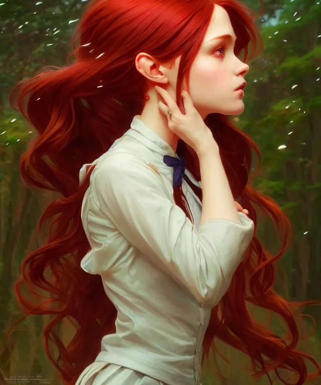 Image similar to side portrait cute female, magic school uniform, fantasy forest landscape, dnd fantasy magic, long red hair, cinematic rim light, intricate, elegant, highly detailed, digital painting, artstation, concept art, smooth, sharp focus, illustration, art by artgerm and greg rutkowski and alphonse mucha