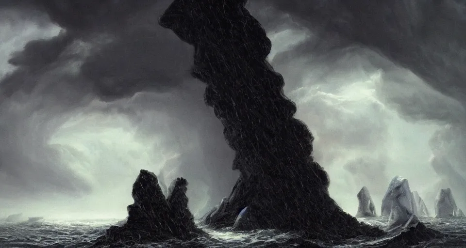 Image similar to black lovecraftian eldritch!! obsidian obelisk!! on a snowy island surrounded by raging stormy seas, with a large shadow of a creature in the background by eugene von guerard, ivan shishkin, night, red lightning!!, storm!, dramatic lighting, concept art, trending on artstation, 8 k