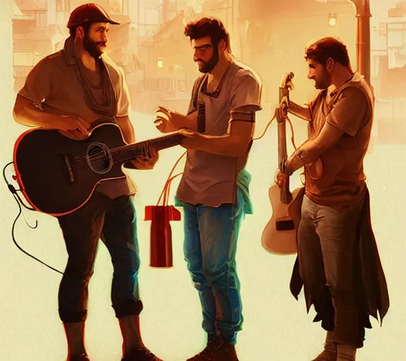 Image similar to three guys in night at the yard speaking while grilling kebabs and one guy playing guitar, volumetric lighting, glowing lights, 4k, octane, digital painting, artstation, concept art, sharp focus, illustration, cinematic film still, art by artgerm and greg rutkowski and alphonse mucha ,