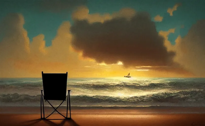 Prompt: silhouette painting of a beach chair at sunset with ocean waves in background, natural light, concept art, by greg rutkowski, cozy atmospheric and cinematic lighting