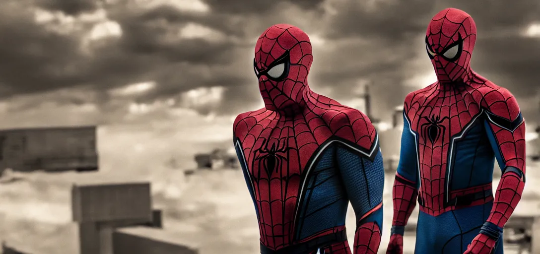 Image similar to Walter White as Spider-Man, film still, wide-shot, full shot, cinematic lens, heroic portrait