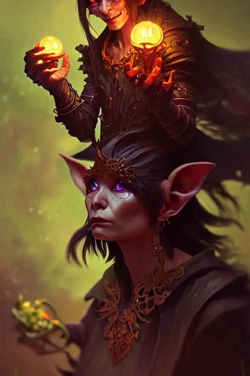 Image similar to beautiful goblin warlock, highly detailed, digital painting, artstation, sharp focus, illustration, art by tan zi and ayanamikodon and alphonse mucha and wlop