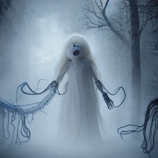 Image similar to humanoid ethereal ghostly live action muppet wraith like figure with a squid shaped parasite overtaking its head with two arms and four long tentacles for arms growing from its back that flow gracefully at its sides while it floats around the frozen woods searching for lost souls and that hide in the shadows in the trees, this character can control the ice, snow, shadows, and electricity, it is a real muppet by sesame street, photo realistic, real, realistic, felt, stopmotion, photography, sesame street