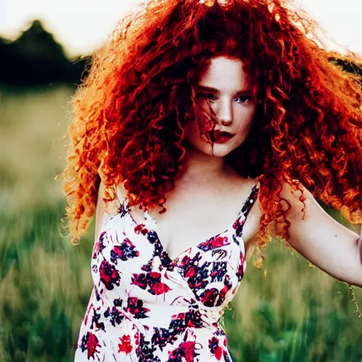 Image similar to DSLR photography medium closeup of a gorgeous red haired woman with big curly hair and freckles, curvy figure wearing dress with flower print, trending on instagram, golden hour, warm lightroom preset