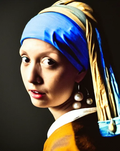 Prompt: A studio photo of the girl with a pearl earring, 50 years old, bokeh, 90mm, f/1.4