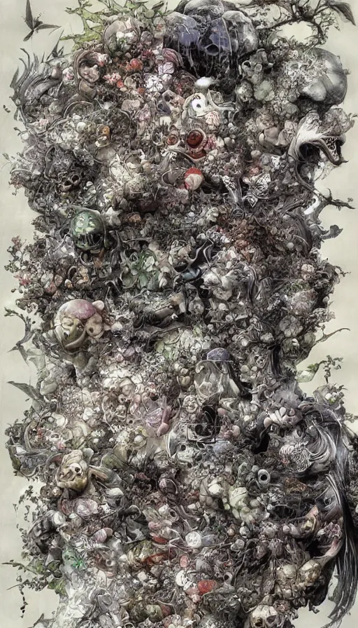Prompt: life and death mixing together, by yoshitaka amano,