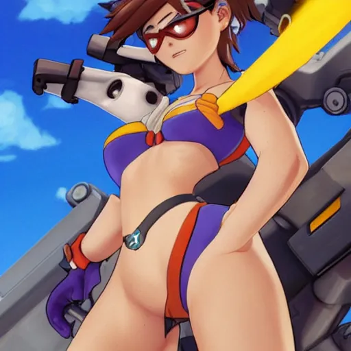 Image similar to overwatch tracer in a bikini, artwork by studio ghibli