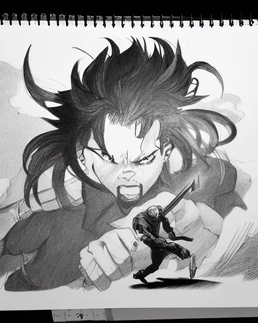 Image similar to a very detailed pencil drawing of kodak black in demon slayer manga panel, action lines, greg rutkowski, in field high resolution, dynamic pose, landscape, medium portrait, action, hyper realistic, manga, koyoharu gotouge, sakuga