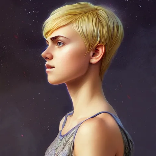 Image similar to an epic fantasy comic book style portrait painting of a young blonde girl with pixie haircut wearing plain tank top, confident, fantasy, intricate, elegant, highly detailed, digital painting, artstation, concept art, matte, sharp focus, illustration, art by artgerm and greg rutkowski and alphonse mucha