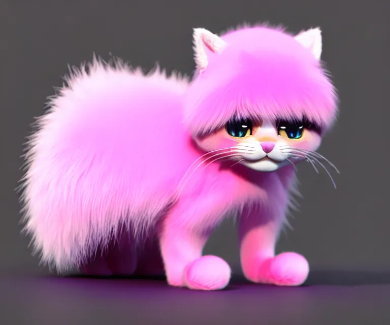 Image similar to high quality 3 d render hyperrealistic very cute small cat, plush mascot, short spiky dense fluffy smooth hair, photo from the side, pink fluffy fur, 1 5 0 mm, beautiful natural soft light, rim light, vray, smooth background, artstation, ultra detailed