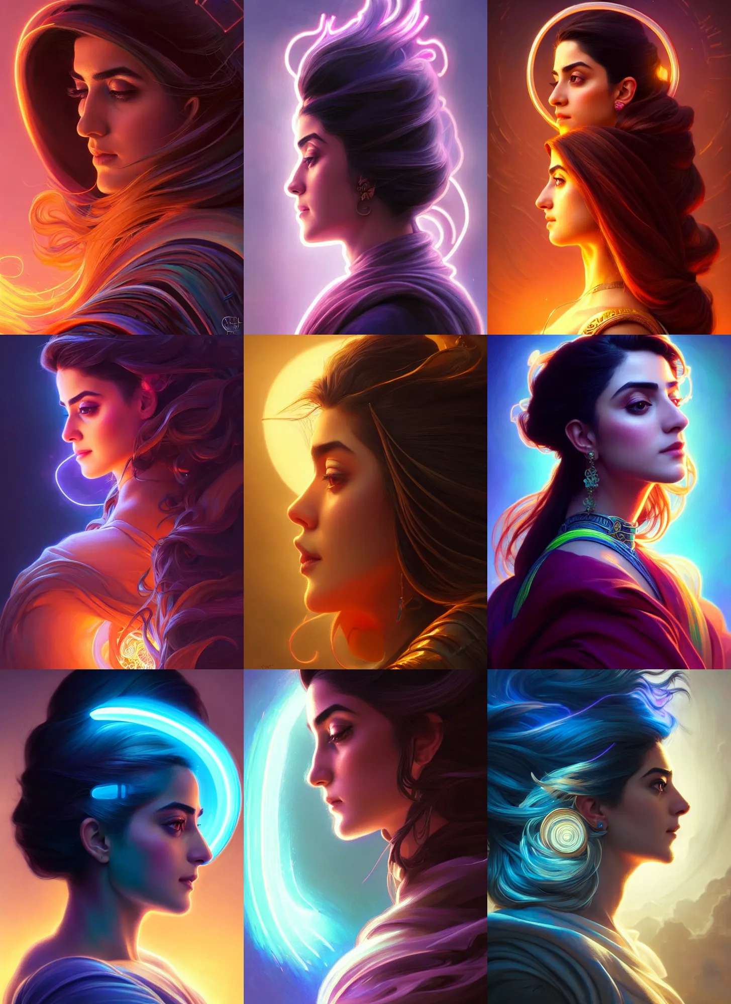 Prompt: side profile centered portrait, Maya Ali as a wind sorcerer, D&D, beautifully backlit, neon, fibonacci, insane, intricate, highly detailed, digital painting, artstation, concept art, smooth, sharp focus, illustration, Unreal Engine 5, 8K, art by artgerm and greg rutkowski and alphonse mucha