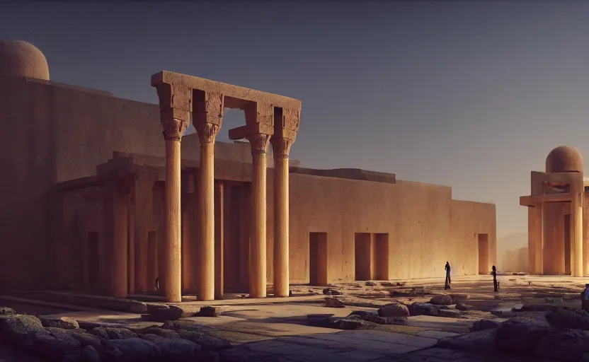 Image similar to exterior shot of utopian ancient persian architecture with cinematic lighting by peter zumthor and renzo piano, darek zabrocki and greg ruthkowski, simon stalenhag, cinematic, holy place, paradise, scifi, futurism, atmospheric, concept art, artstation, trending on artstation