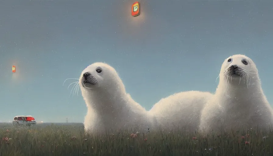 Image similar to an intricate oil painting of a giant cute white furry baby seal with by simon stalenhag