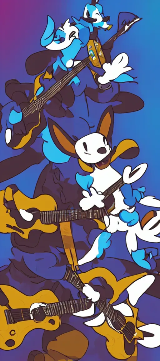 Image similar to K.K Slider playing guitar at a concert with lucario, portrait full body, digital art, high quality, detailed, beautiful colors, mesmerizing