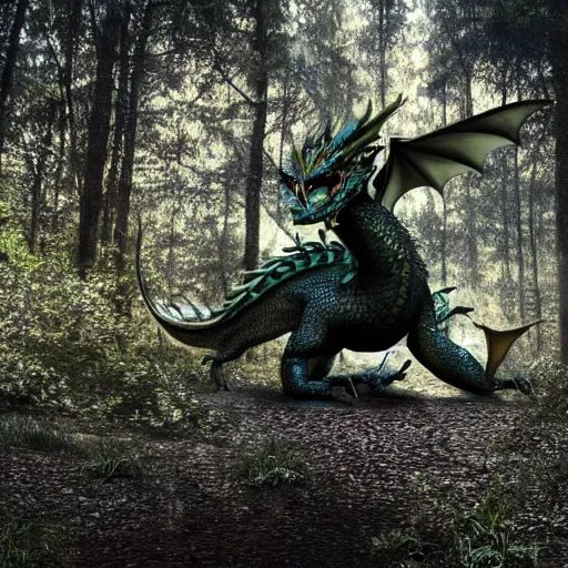 Prompt: dragon coming out of an oil spring, photograph taken in a dark forest