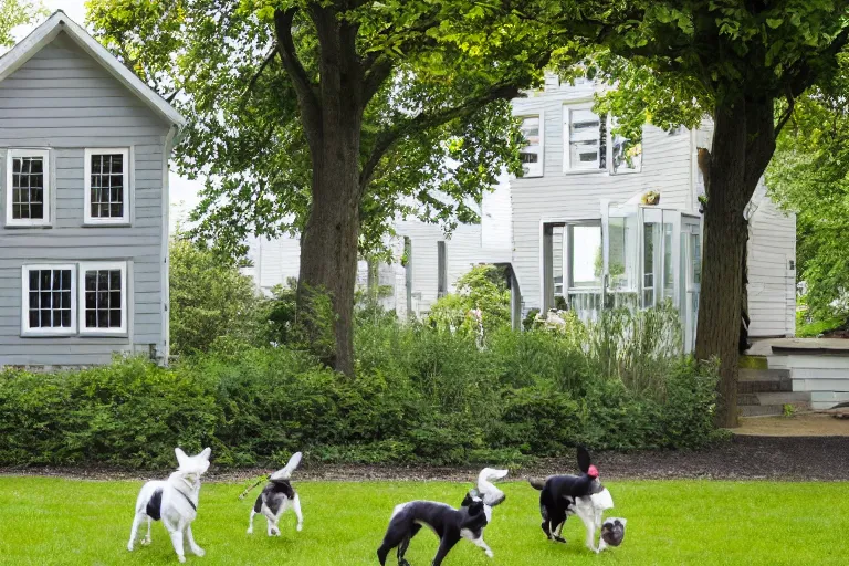 Image similar to the sour, dour, angry, gray - haired lady across the street is walking her three small white and black dogs. she shuffles around, looking down. highly detailed. green house in background. large norway maple tree in foreground. view through windows.