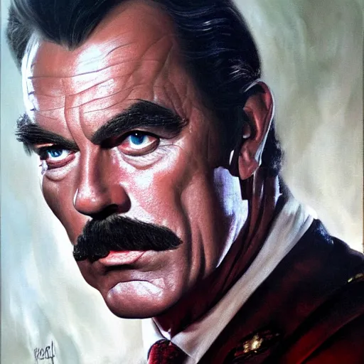 Image similar to ultra realistic portrait painting of tom selleck as lord voldemort, art by frank frazetta, 4 k, ultra realistic, highly detailed, epic lighting
