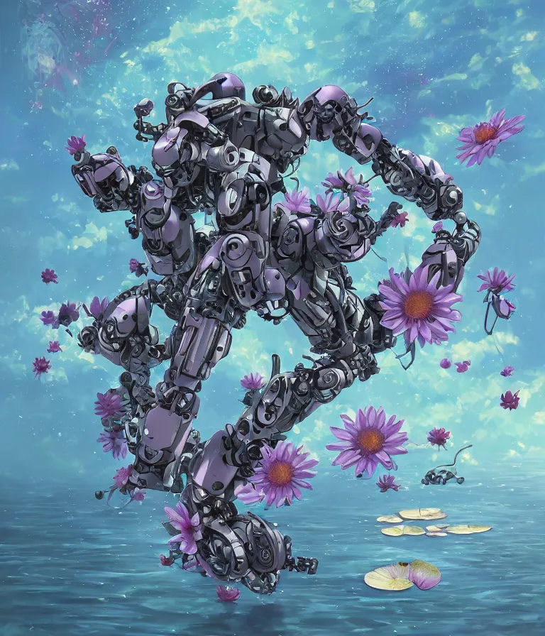 Image similar to waterlily amphibious zeon mobile suit, flower head robot waterlily themed amphibious zeon mobile suit flower petals being robotic limbs, detailed sci - fi painting, waterlily pads sculpted in metal, by cyril rolando, by beeple. biomechanical, bandai box art, 8 k hd resolution, behance hd artstation. # power armor, 8 k hd resolution