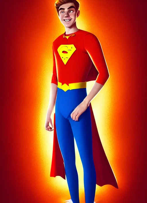 Image similar to friendly teenage archie andrews wearing an orange superhero costume with heart logo, heart, freckles, blue cape, heart emblem on chest, blue cape, intricate, elegant, glowing lights, highly detailed, digital painting, artstation, sharp focus, illustration, art by wlop, mars ravelo and greg rutkowski