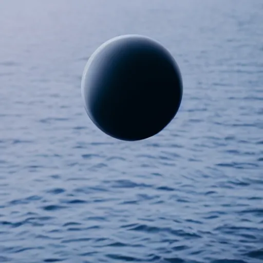 Image similar to a grey-black cube inside a translucent sphere, hovering over the ocean, ufo, 8k