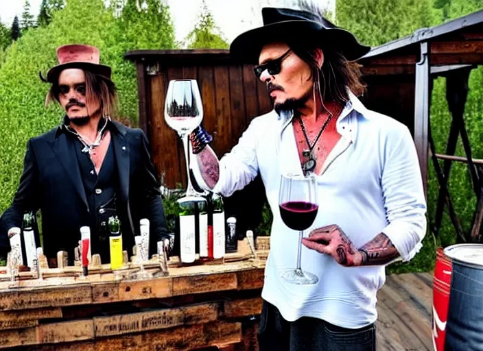 Prompt: jonney depp selling mega pints of wine at a makeshift wood stand, realistic, detailed