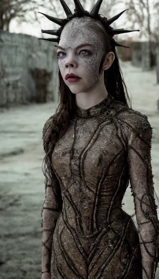 Image similar to dressed anya taylor - joy as pinhead, symmetrical, cinematic, elegant, dark, real photography, costume made by clive barker, 4 k, ultra hd, sense of awe