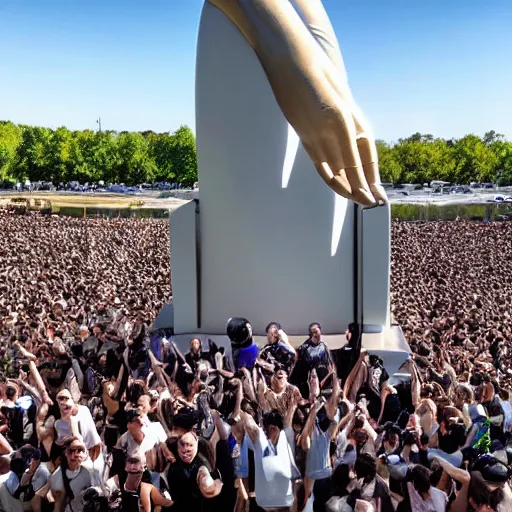 Prompt: crowd of drone people worshipping a giant statue of an iphone 14 which eclipses the sun