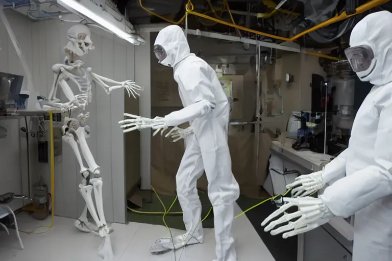 Image similar to man wearing hazmat suit in cleanroom 3D printing a large humanoid robot plastic skeleton. by Roger Deakins