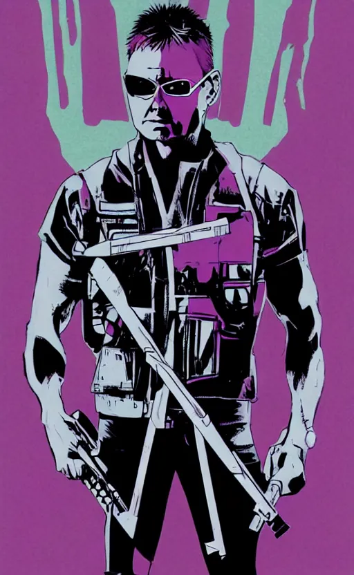 Prompt: hawkeye, comic style, volumetric lighting, high contrast, standing, portrait, facing forward, face in focus, art by David Aja