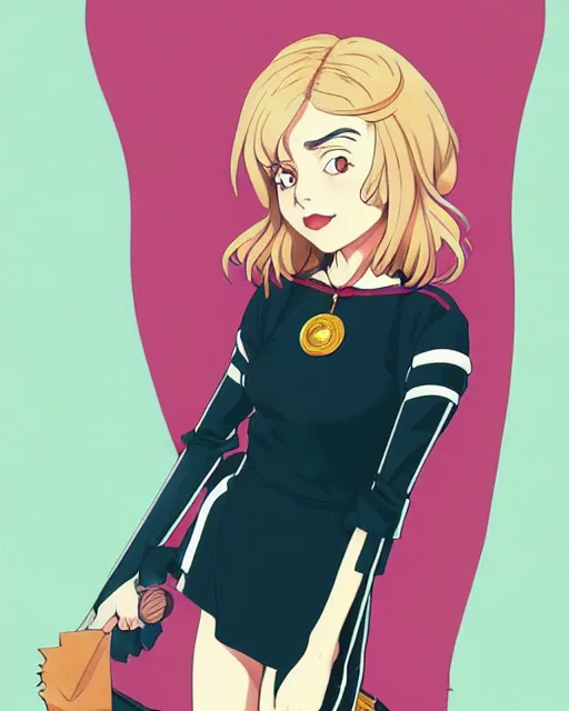 Image similar to full body beautiful anime witch Kiernan Shipka smiling, full body pose, symmetrical face symmetrical eyes, blurry background, Jamie McKelvie comic art, Alexandra Fomina artstation, face by Ilya Kushinov style, style by Loish, Norman Rockwell, painterly style, flat illustration