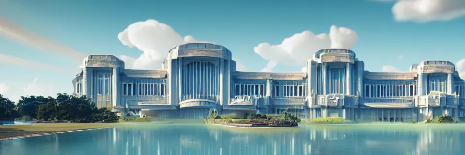 Image similar to beautiful digital illustration of an Art Deco palace in the sky, world of tomorrow, architecture, realistic clouds, pastel color scheme, reflecting pool, concept art, deviantArt, artsation, artstation HQ, HD, 16k resolution, octane, finalRender, Unreal Engine