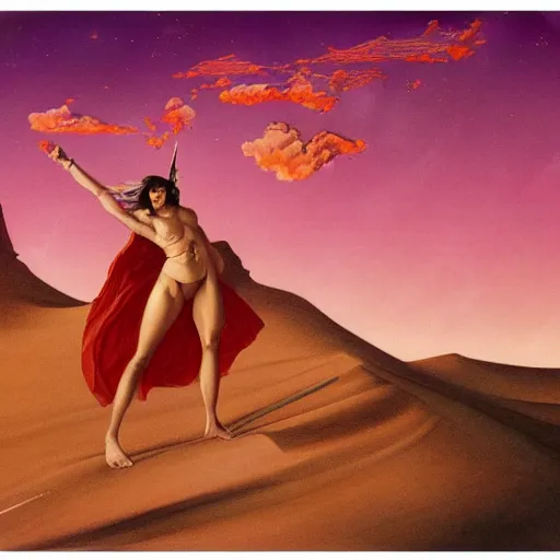 Prompt: Silk sheet desert ecstasy Bedouin under crimson azure diamond sky, in the style of Frank Frazetta, Jeff Easley, Caravaggio, extremely clear and coherent, clear lines, 8K revolution