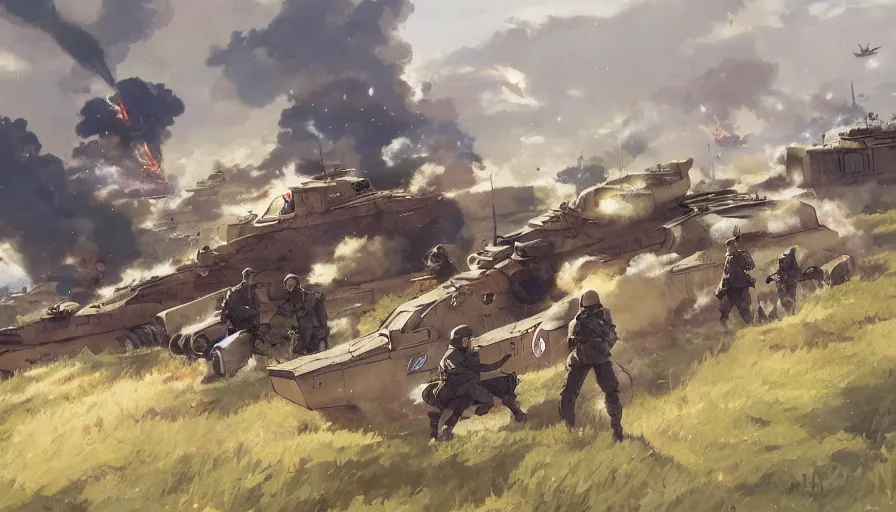 Prompt: normandy ww 2 battle, trending on pixiv fanbox, painted by greg rutkowski makoto shinkai takashi takeuchi studio ghibli