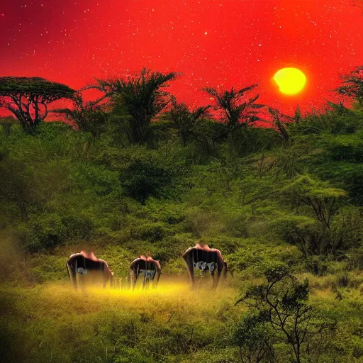 Prompt: photo of a safari through a forest filled with aliens. A green sun shines in the blood red sky.