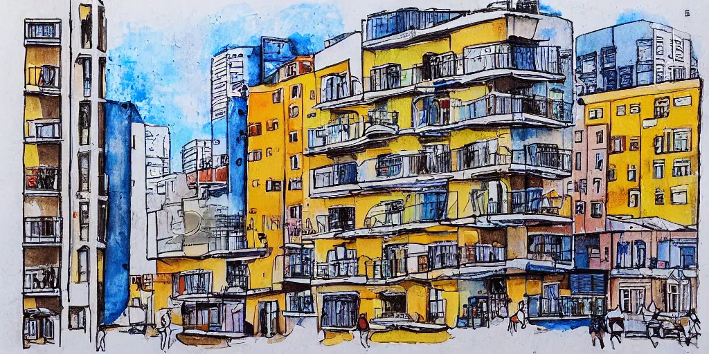 Prompt: tel aviv painting. bauhaus style. buildings with balconies. junction in dizingof center in tel aviv. highly detailed. pen drawing painted with watercolors. colorful. low buildings. palm trees. fluffy