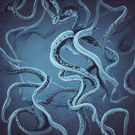 Prompt: “a swarm of dark tentacles underwater, trending on artstation, deep abyss ocean floor, dark navy colored background”