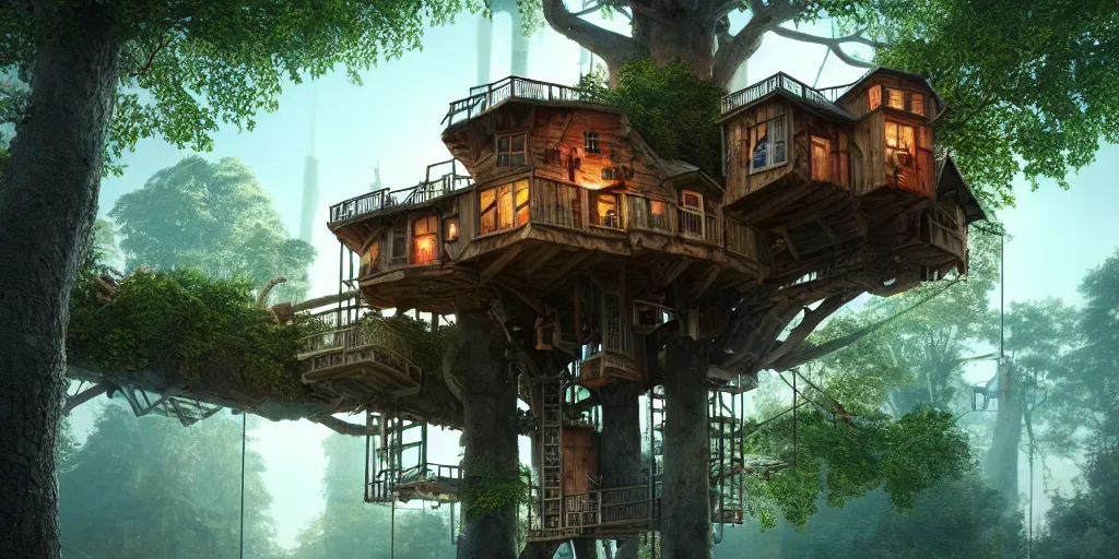 Prompt: in a treehouse city, highly detailed, 8 k, hdr, award - winning, octane render, artstation, volumetric lighting