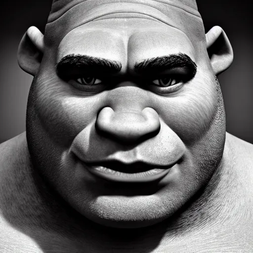 Image similar to portrait photograph of a beautiful handsome perfect shrek with majestic thick curly brown hair and an extremely chiseled jawline with sharp jagged cheekbones and a strong symmetrical facial structure with decently big lips realistic hyperrealistic 4 k resolution 8 k resolution highly detailed very detailed extremely detailed hd quality detailed face very detailed face extremely detailed face trending on artstation