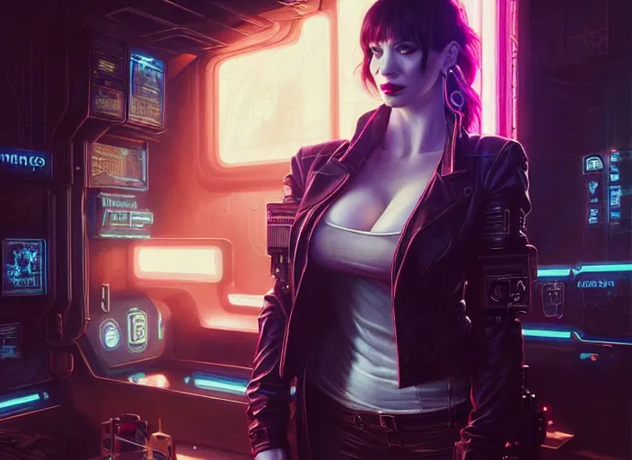 Prompt: portrait shot of a christina hendricks wearing cyberpunk clothing in cyberpunk 2 0 7 7, intricate, elegant, highly detailed, centered, digital painting, artstation, concept art, smooth, sharp focus, illustration, artgerm, tomasz alen kopera, peter mohrbacher, donato giancola, joseph christian leyendecker, wlop, boris vallejo